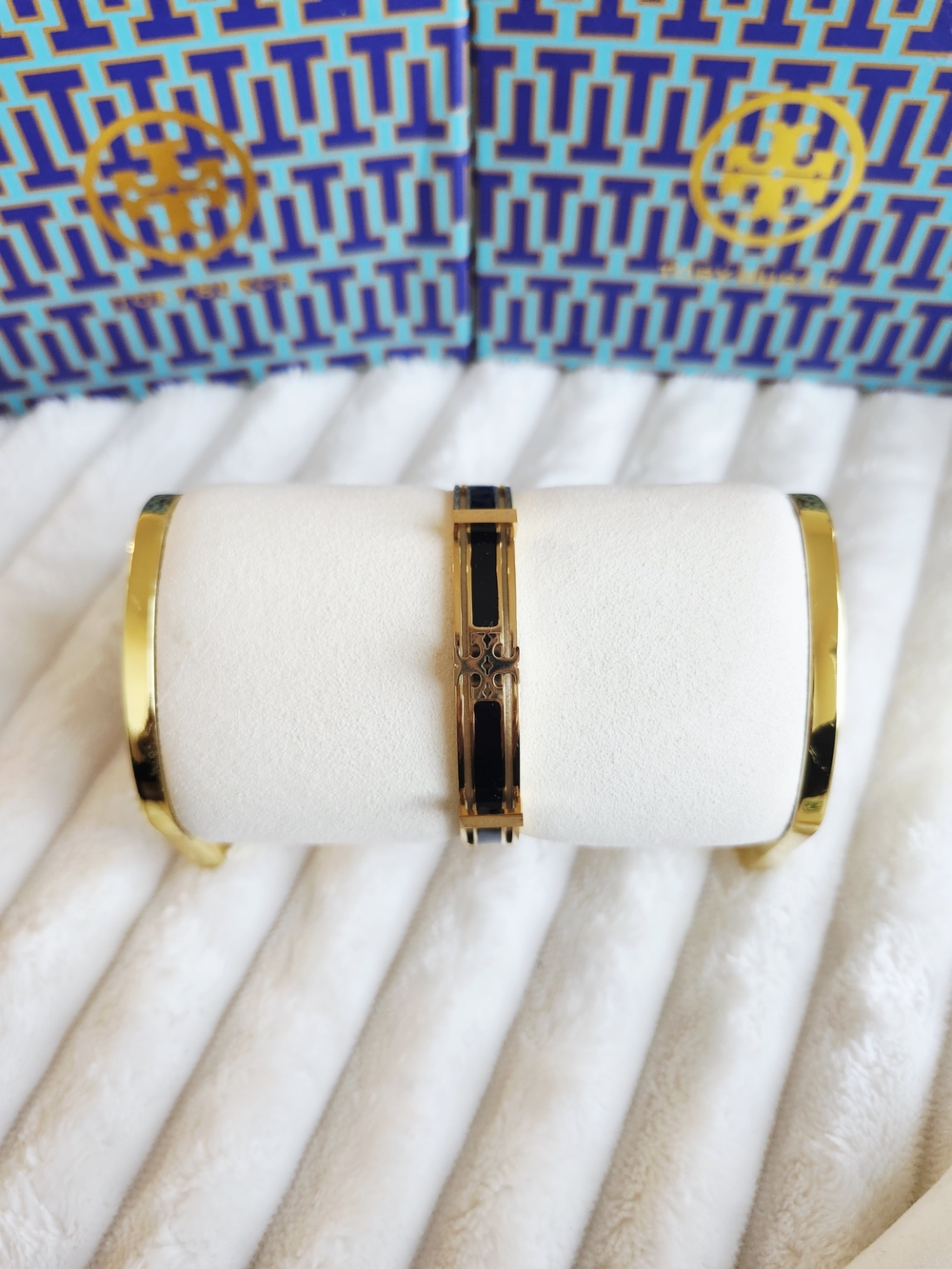 Tory Burch Gold and Black Enamel Logo Bracelet
